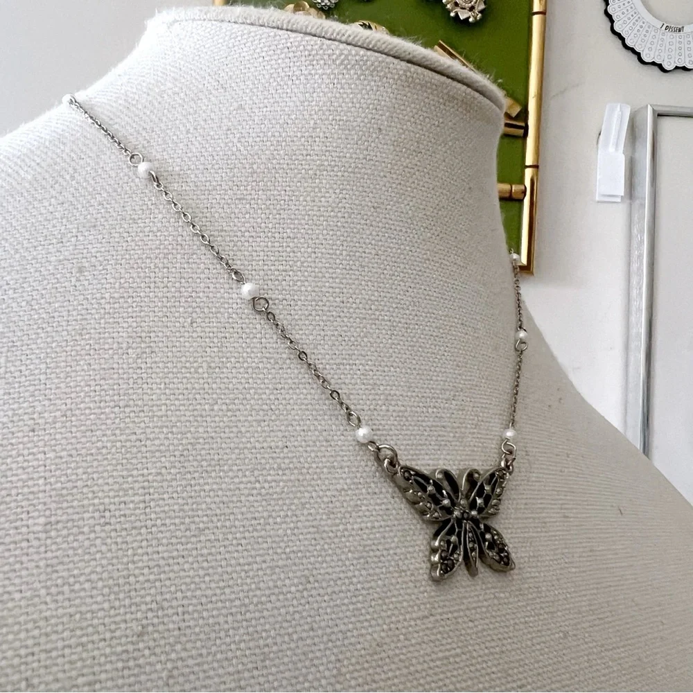1928 Jewelry Butterfly Necklace Silver Tone with Marcasite & Faux Pearls 00s Y2K